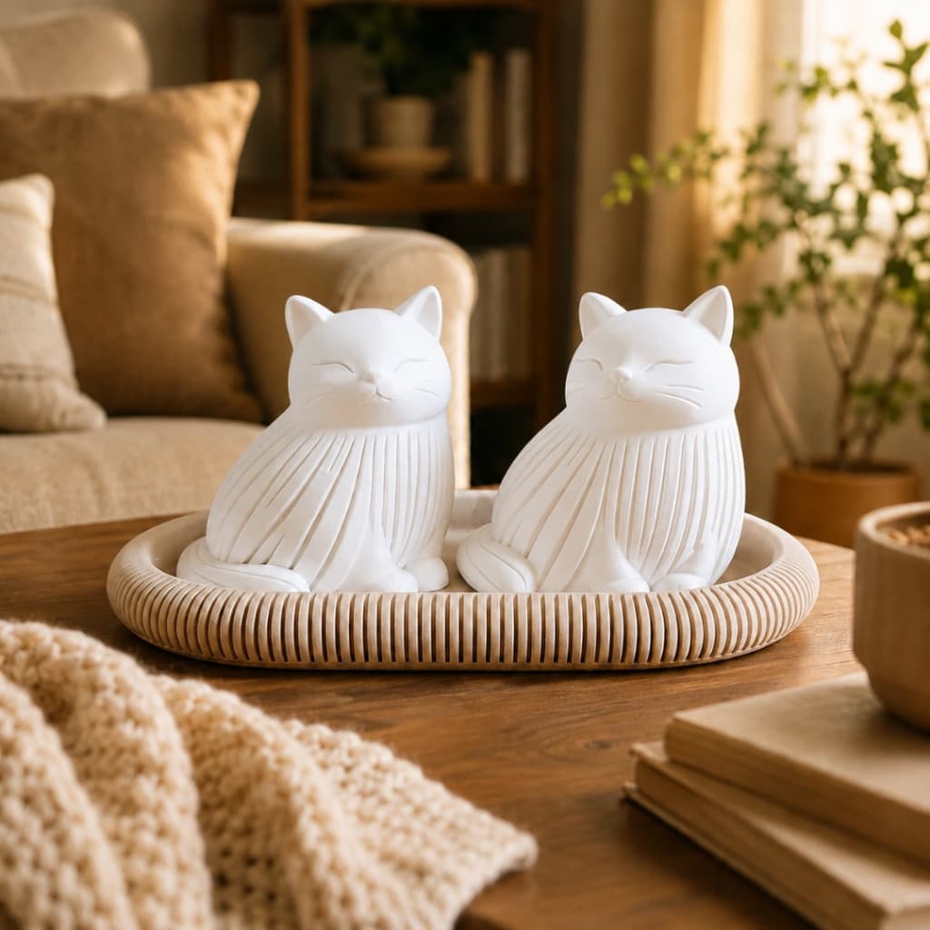 Kit Gatos Decorativos Brancos com Bandeja Minimalista Enfeite para Sala Quarto e Escritório