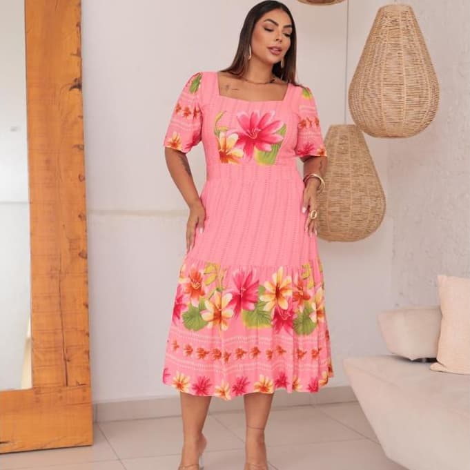 Vestido Feminino Plus Size Midi Decote Cuadrado Manga Curta Bufante 2 Maria Moda Casual Elegante