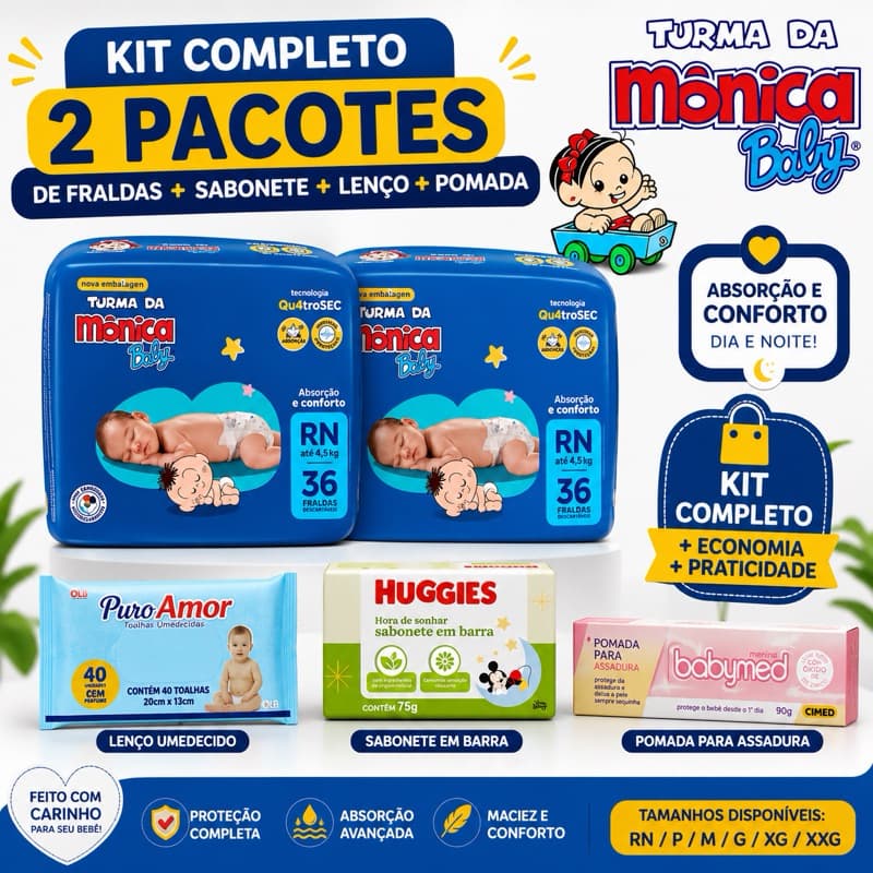 Kit Chá Fralda Descartável 2 Pacotes de Fralda Turma da Mônica + 1 Sabonete + 1 Lenço Umedecido + 1 Pomada