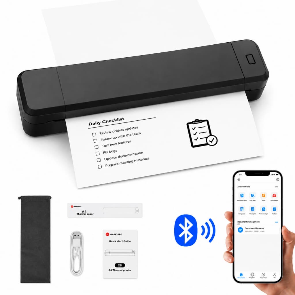 Impressora Térmica Sem Fio A4 com Bluetooth5.4 e USB Portátil para Documentos e Etiquetas
