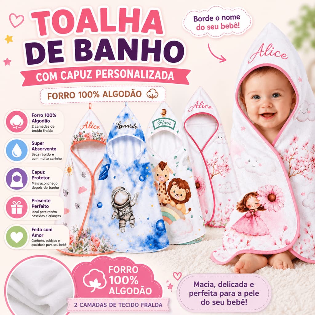 Toalha de banho para bebê personalizada bordada com nome no capuz com forro fralda 100% algodão