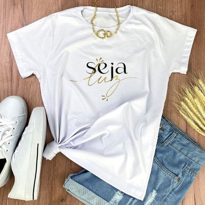 Camiseta Seja Luz Moda Evangélica Cristã T-shirt Feminina Blusa Baby Look Algodão Gospel Estilo e Fé