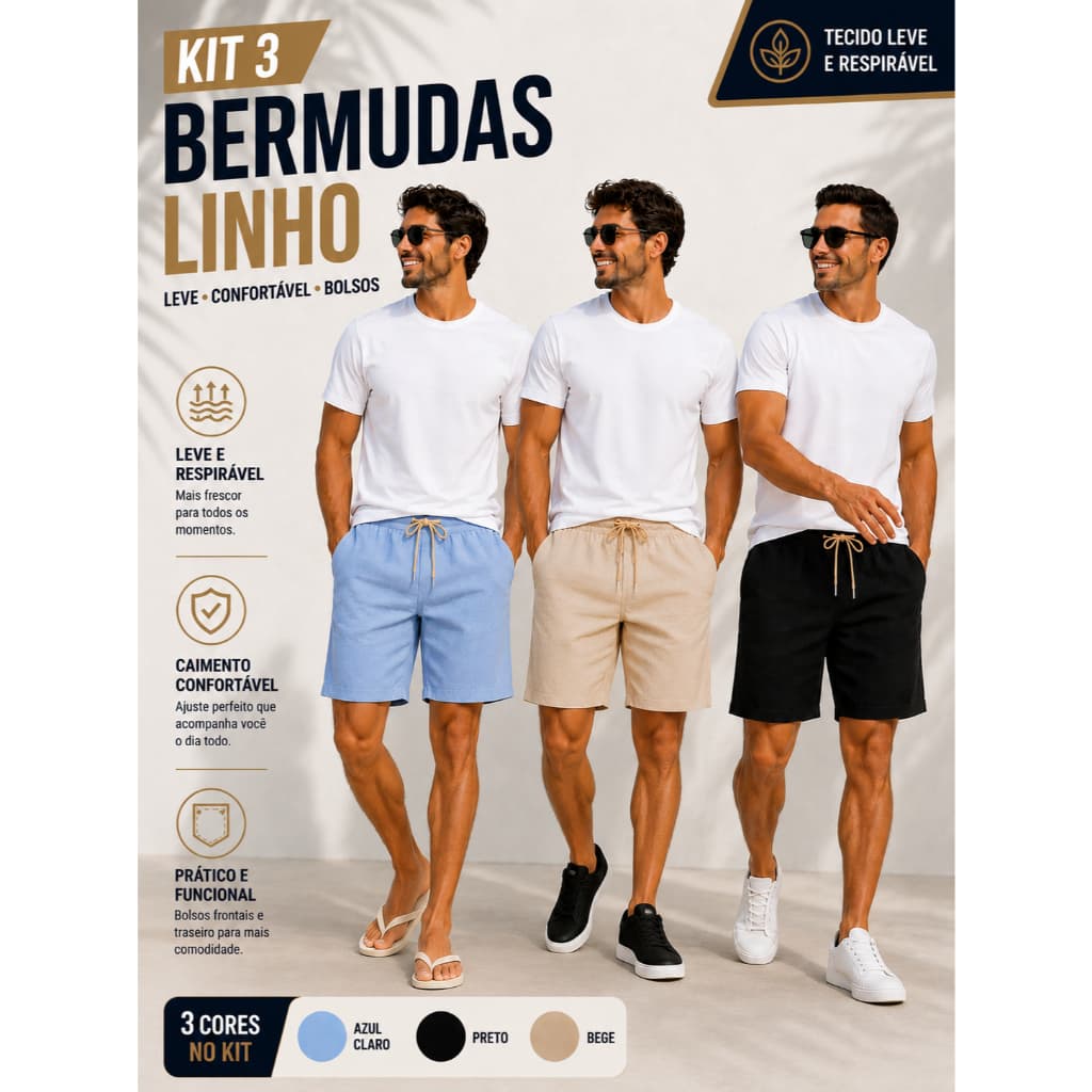 Kit 3 Bermudas Masculino Mauricinho Bolso Slim Linho Linho