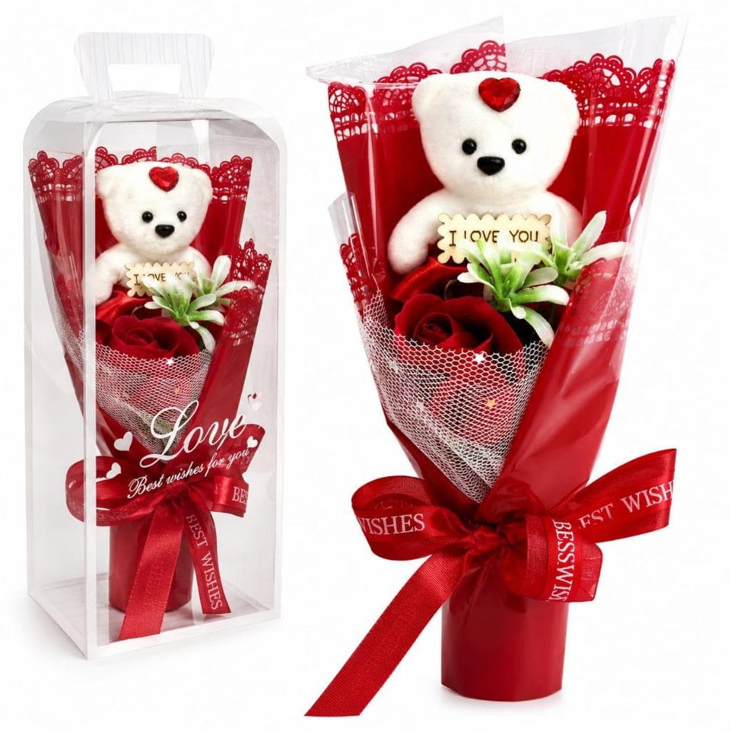 Buquê Ursinho Te Amo Rosas Artificiais Com Carinho Presente Namorados Mães Dia das Mulheres
