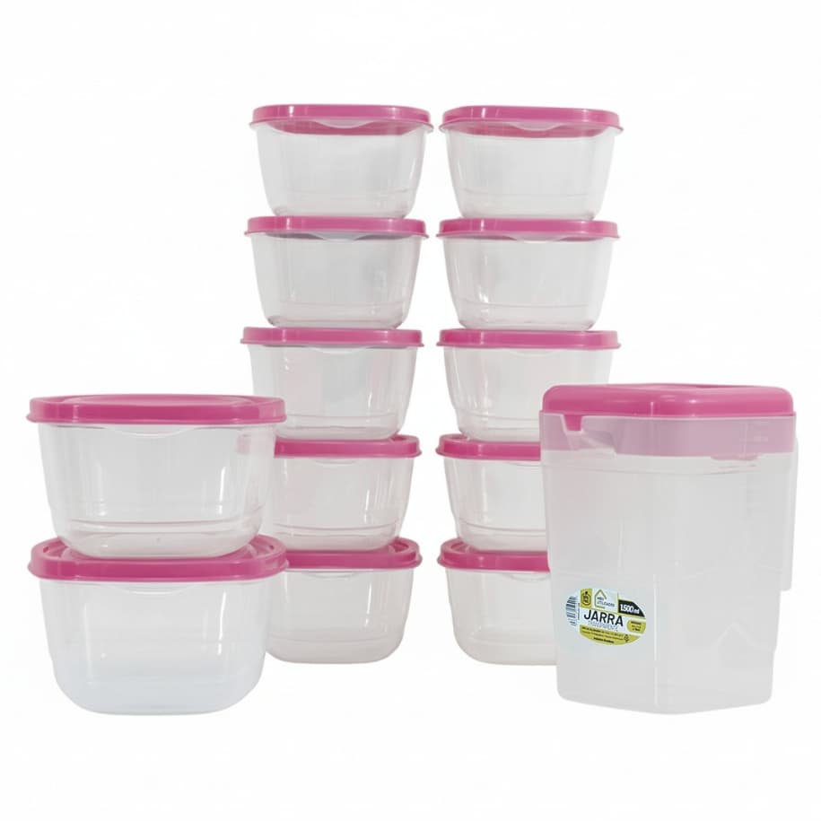 Kit Marmita Fitness 12 Potes Plástico + Jarra | BPA Free | Freezer e Micro-ondas