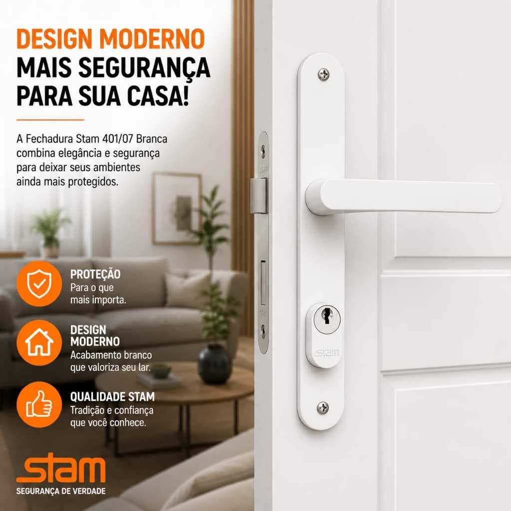 Fechadura Stam 401/07 Externa Branca Estreita Porta Madeira Original
