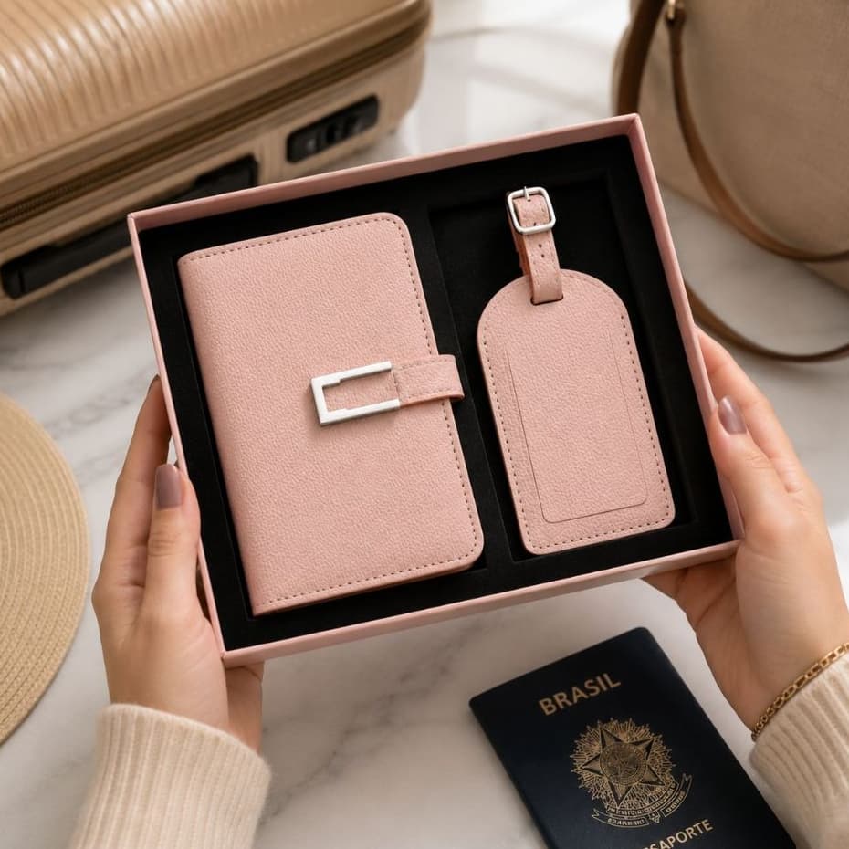 Kit Viagem 2 Peças Porta Passaporte e Tag de Mala E Identificação Acessórios, Carteira, Documento