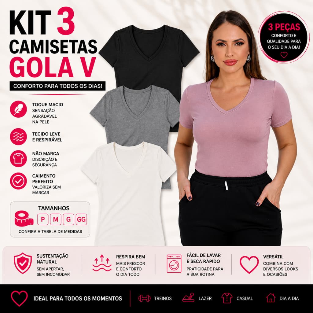 Kit 3 Blusinhas Feminina Gola V Baby Look em Visco Lycra com Toque Suave e Ajuste Perfeito