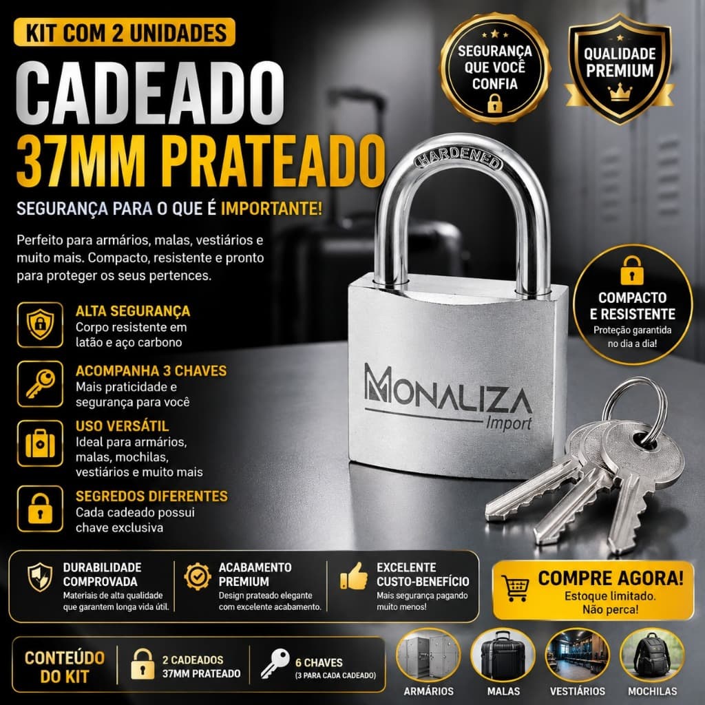 Kit 2 Cadeados 37mm Prateado Reforçado com 3 Chaves Segurança para Armário Mala Vestiário