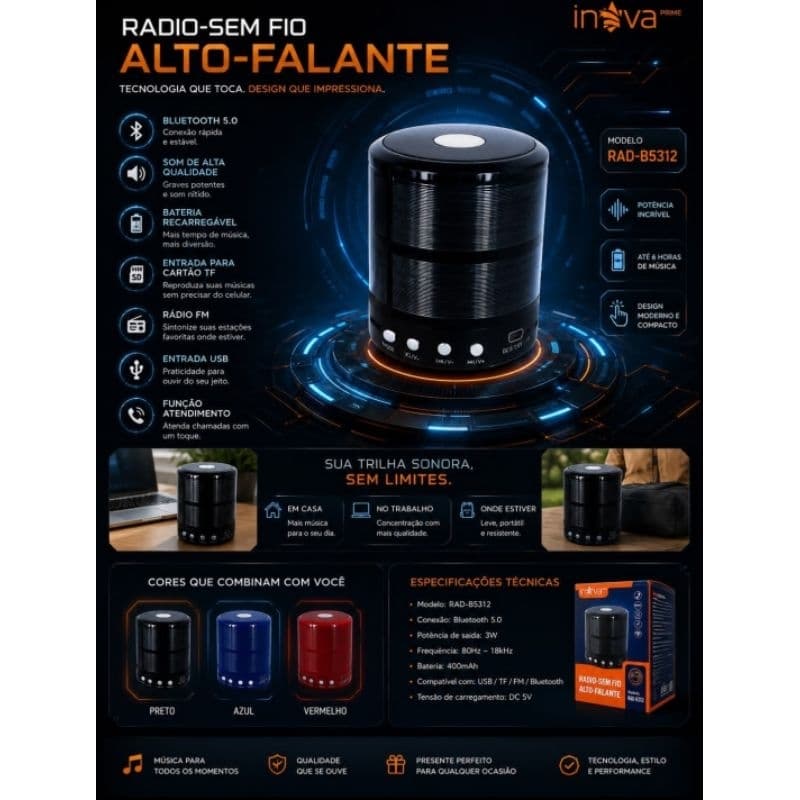 Caixa de Som Portátil Bluetooth Ws-887 com Bluetooth e Qualidade de Som Potente