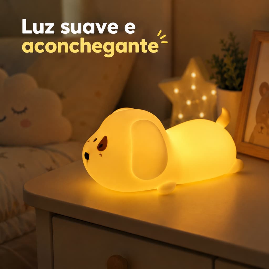Luminária LED Cachorrinho Silicone Infantil Sensor Toque 5 Cores Timer Luz Noturna Decorativa USB Petrin