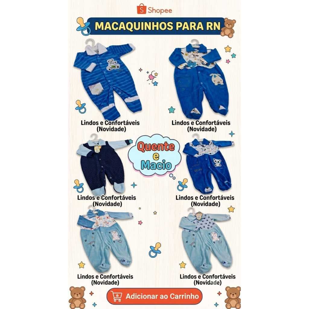 Macacão Bebê Recém Nascido RN Plush Soft Quentinho Macio Confortável Menino Estampado