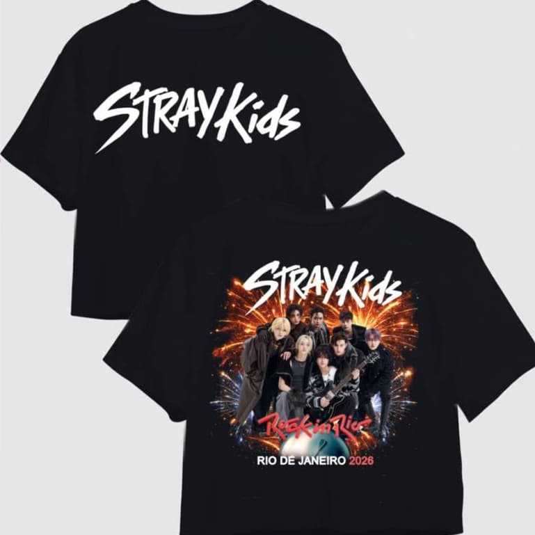 Camisa Cropped SKZ Stray Kids Rock in Rio Estampa Frente e Verso 100% Algodão Alta Qualidade Fanmade