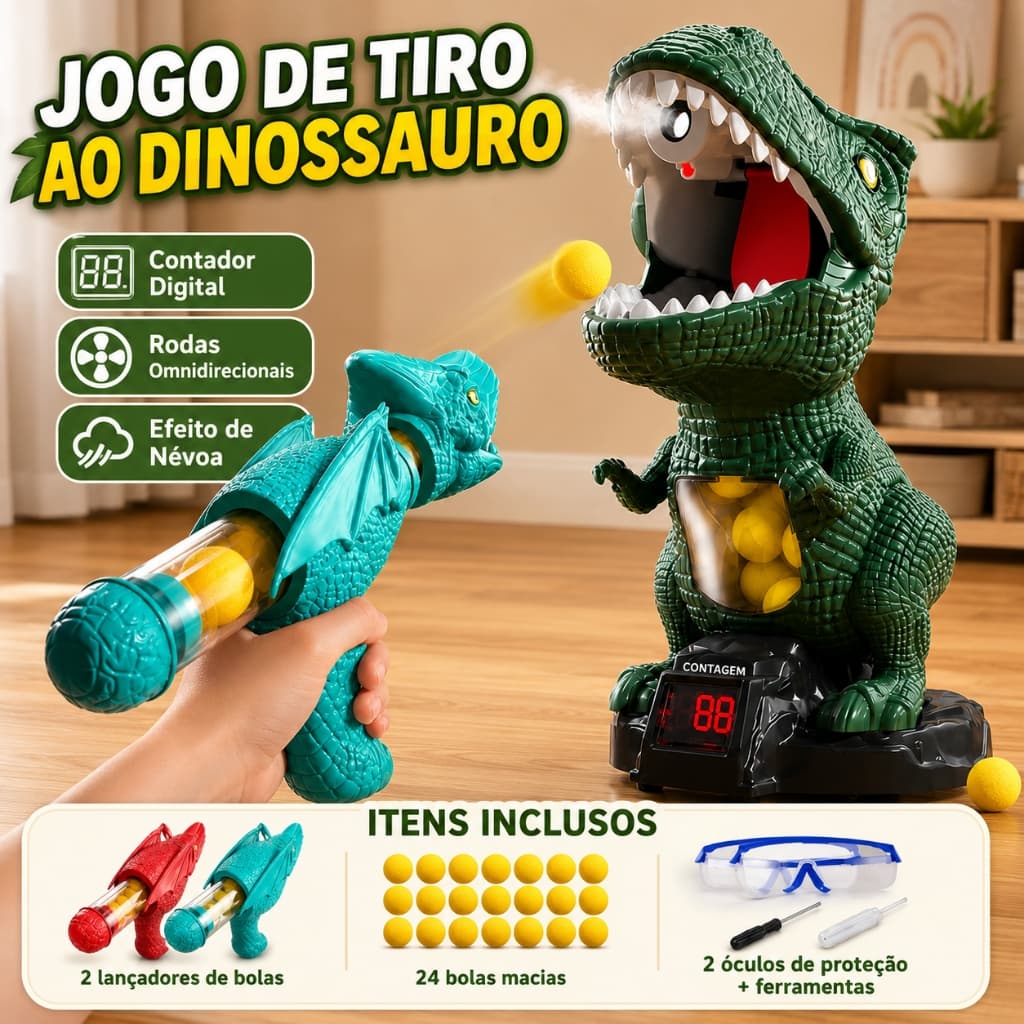 Jogo de Tiro Dinossauro 2 Lançadores 24 Bolas Macias Alvo Contador Brinquedo Interativo Menino Presente