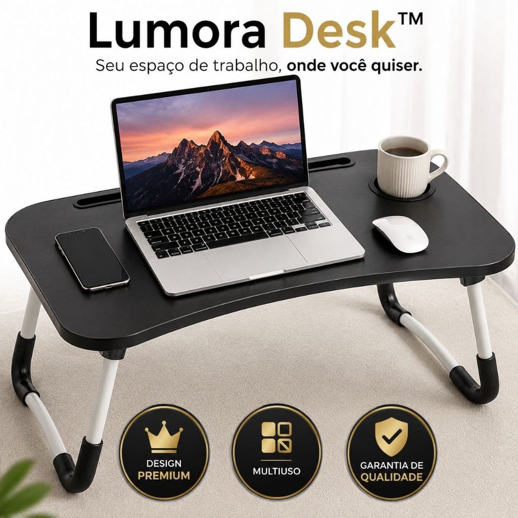 Mesa para Notebook Dobrável Lumora Desk™ Multiuso Portátil Home Office Estudo Leitura Cama