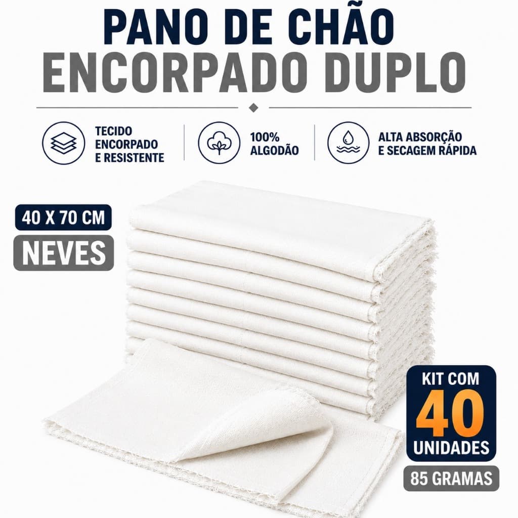 Pano De Chão Grande Branco Alvejado 100% Algodão Neves 70x40cm Kit 40 Saco Duplo EC Multiuso 100