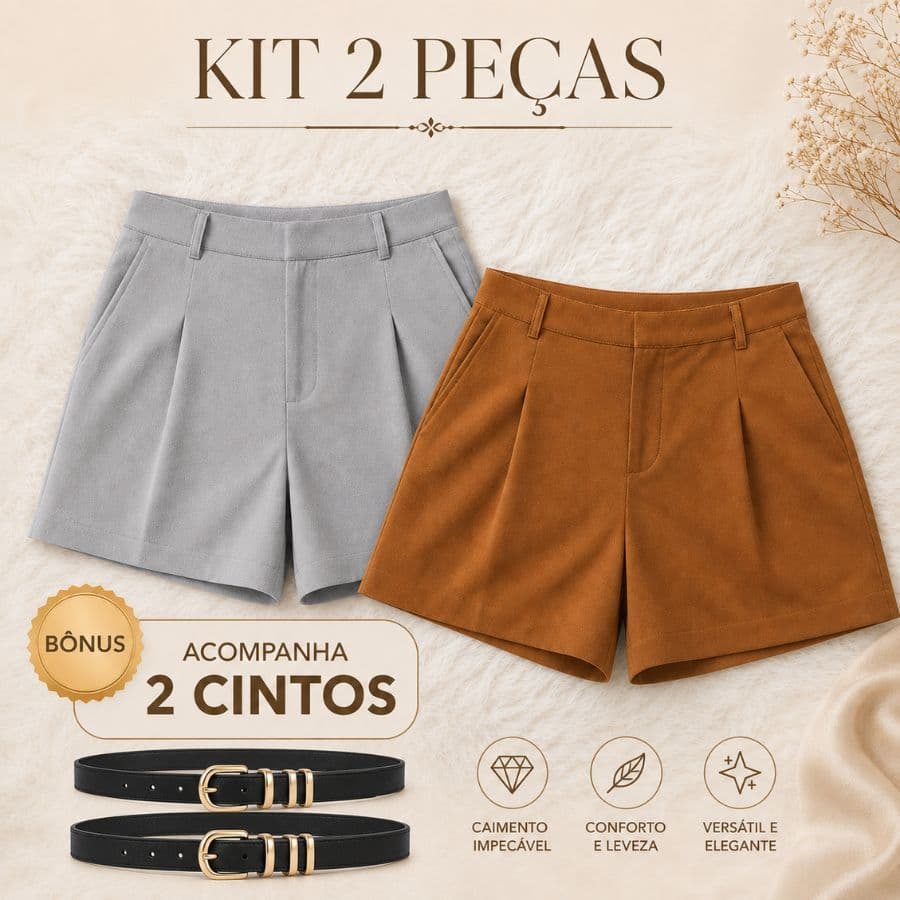 Kit 2 Peças Short Alfaiataria Feminino Plus Size Cintura Alta com Cinto Tendência Disfarça Barriga