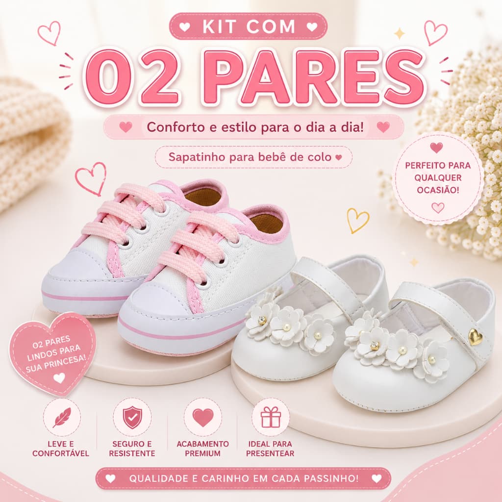 Sapatinho de Bebê / Batizado/ Festas/ Casual/ Kit Contendo 2 Pares /Sapatinho Recém nascido de 0 a 10 meses