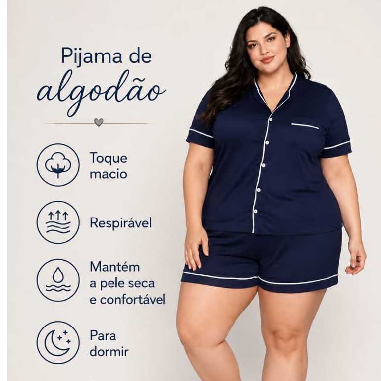 Pijama Americano Feminino De Algodão Plus Size Aberto Com Botões