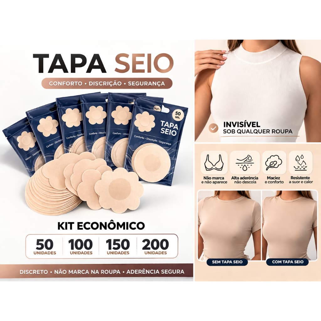 Kit 100 Tapa-Seios Invisível Adesivo Protetor com 7,5cm de Diâmetro Não Marca Na Roupa Tampa Mamilo/Aureola Cor Da Pel