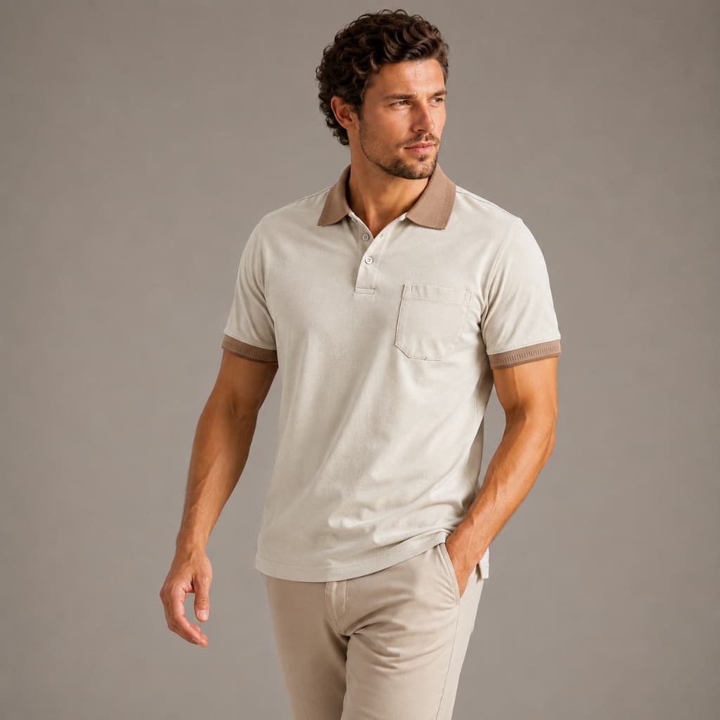Camisa Polo Com Bolso Básica Casual 100% Algodão Cor Areia
