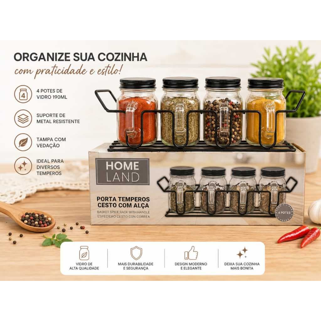 Porta Tempero Cesto com Alça + 4 Potes de Vidro