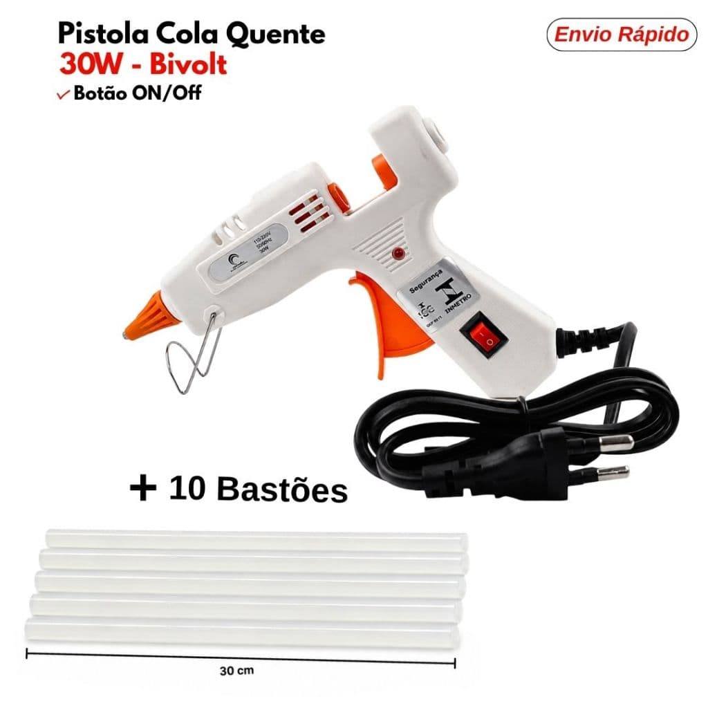 Pistola Cola Quente Pequena Bivolt 30W Branca com Bastão 7mm Envio Rapido