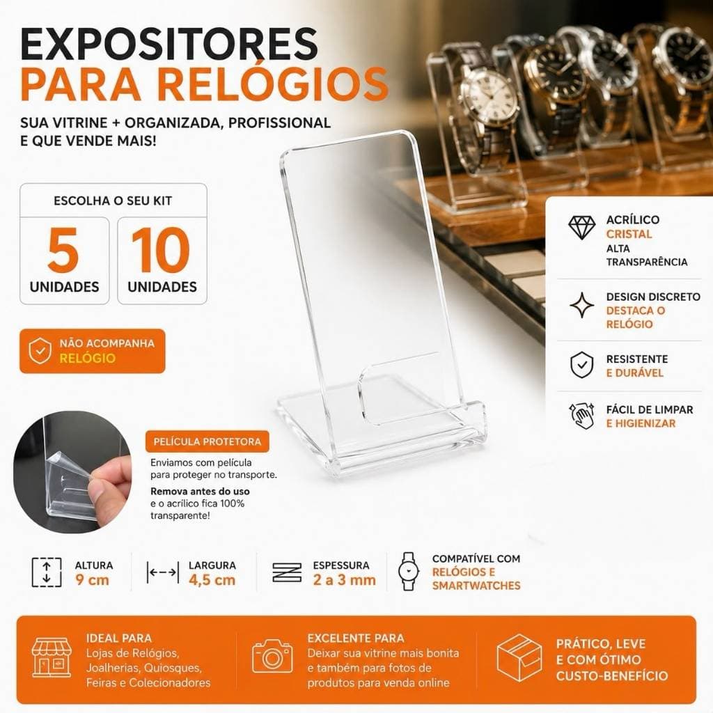 Kit 5 ou 10 Expositores para Relógio em Acrílico Cristal | Suporte Transparente para Vitrine e Loja