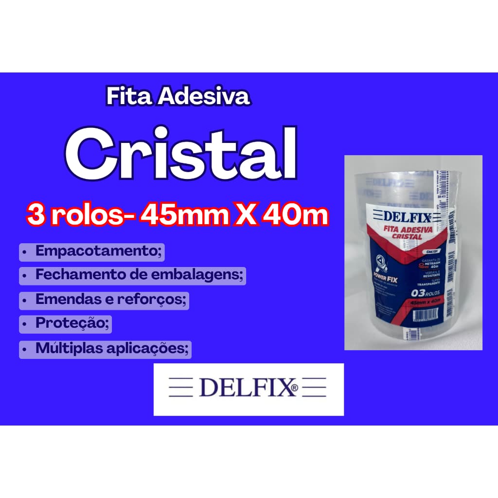 3 Rolos Fita Adesiva Cristal Delfix 45mmx40m Power Fix