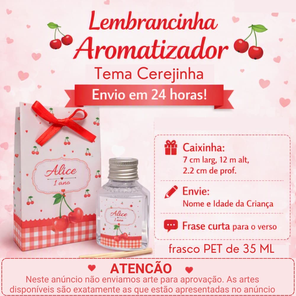 Kit Lembrancinha Personalizada Tema Cerejinha Caixinha + Aromatizador 35ml Envio 24h Aniversario 1 Ano