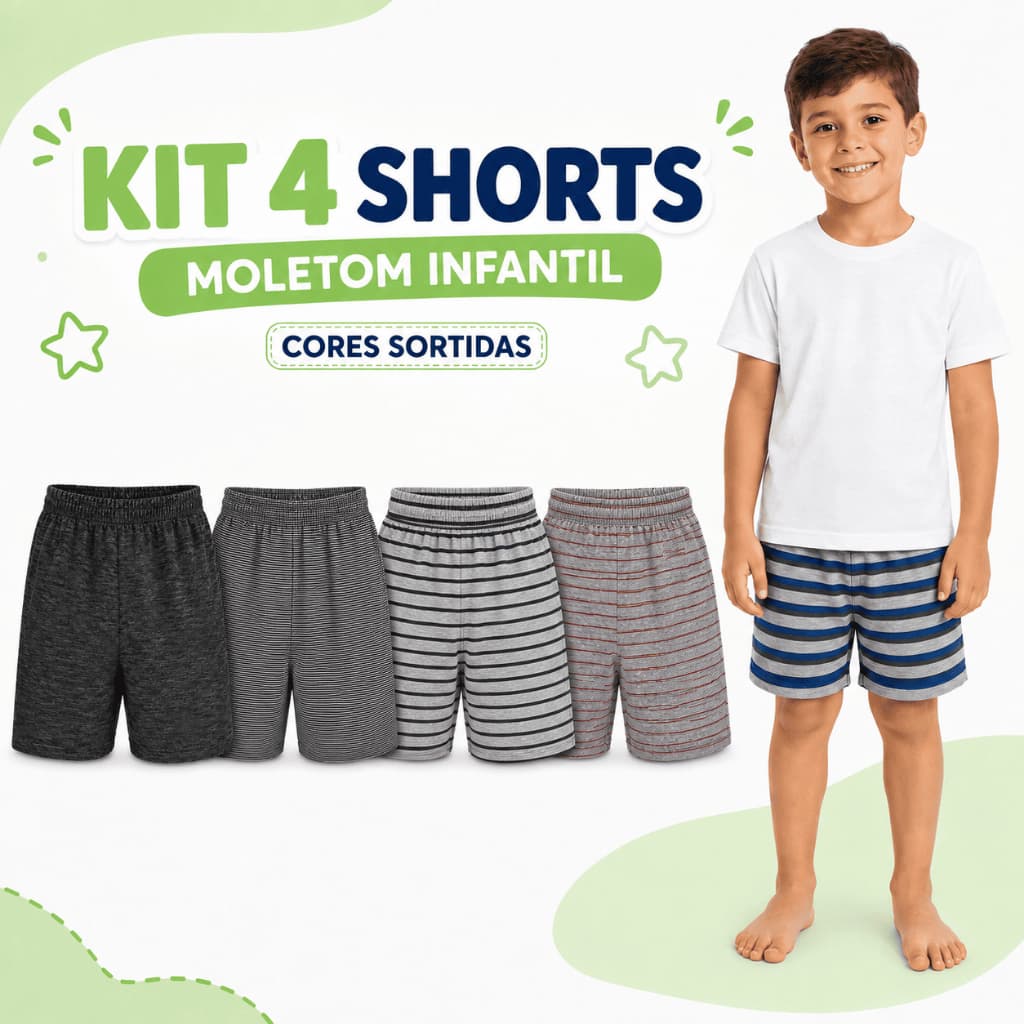 KIT 4 BERMUDAS MOLETOM SHORTS MENINO INFANTIL JUVENIL CORES SORTIDAS TAM 2,3,4,6,8,10 ACABAMENTO DE QUALIDADE