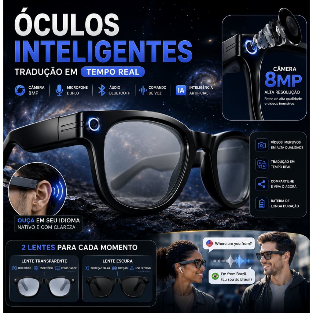 Óculos Inteligente MT3 Câmera 8MP Full HD + IA Tradução + Kit Lentes (Sol, Anti Luz Azul e Foto)