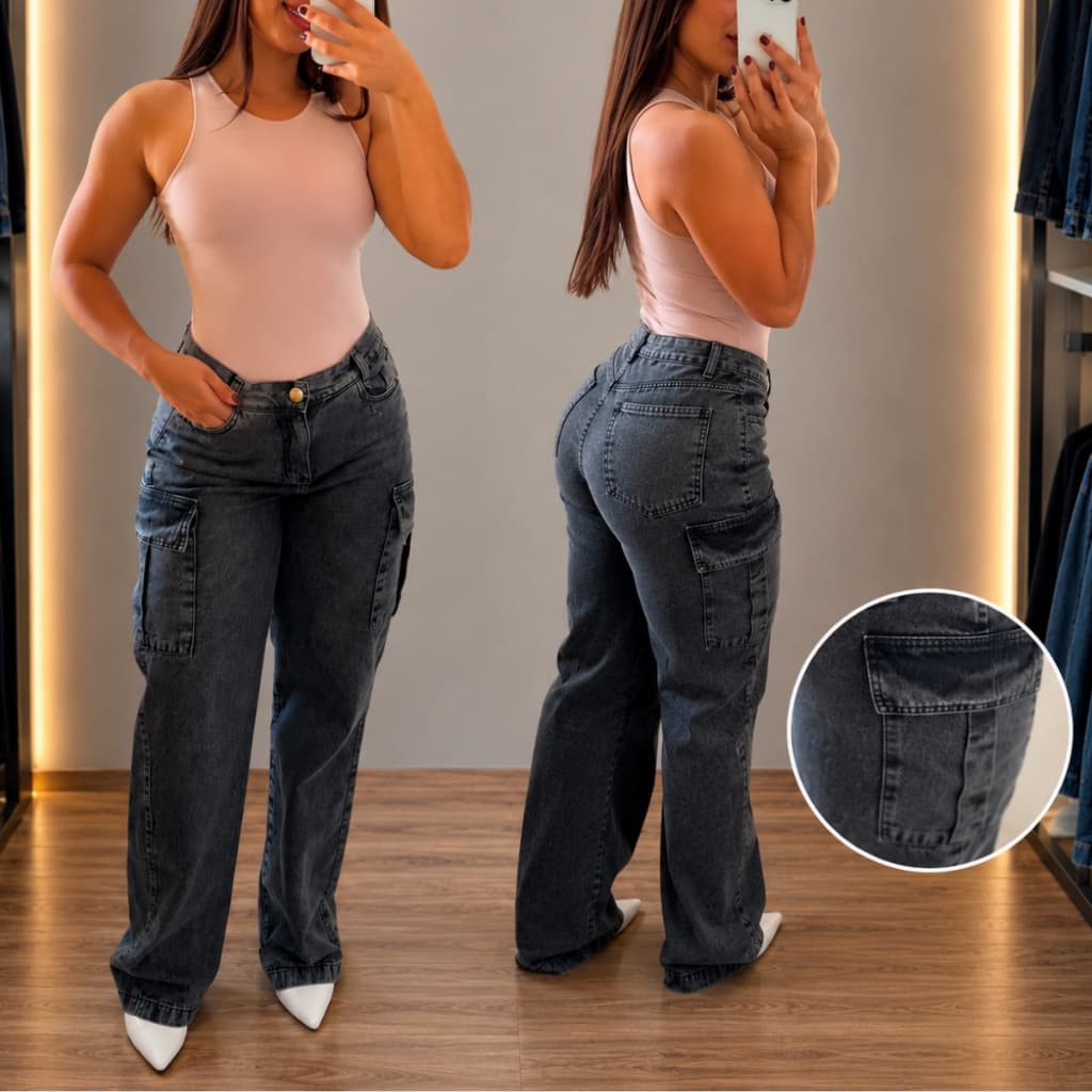 Calça Jeans Wide Leg Cargo Feminina Cintura Alta Com Bolso Lateral Marmorizada Pantalona Boca Larga Cintura Alta Premium