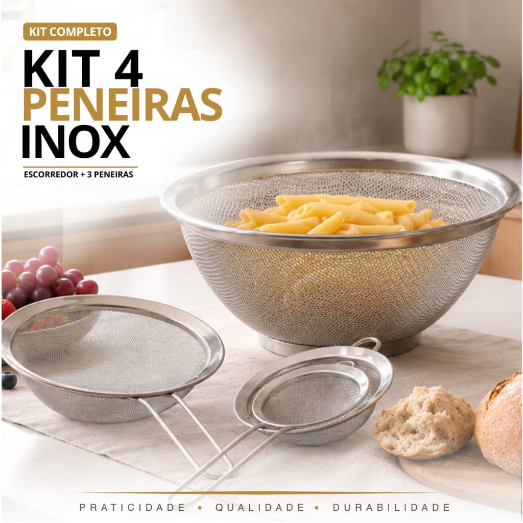 Kit Escorredor + 3 Peneiras Aço Inox 4 Peças Lava Arroz Frutas Massas Legumes Farinhas Coar