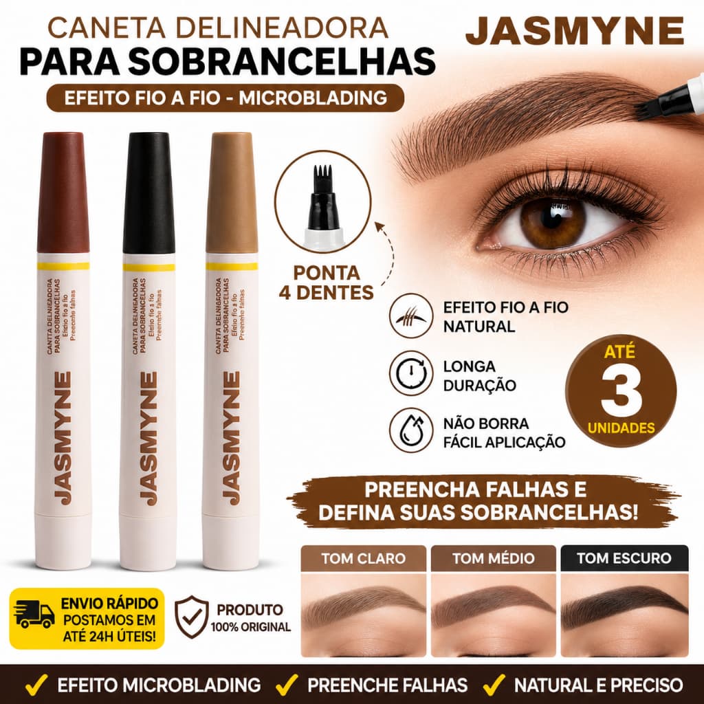 Caneta Delineadora Para Sobrancelha Jasmyne Microblading Fio a Fio 4 Pontas Kit Até 3