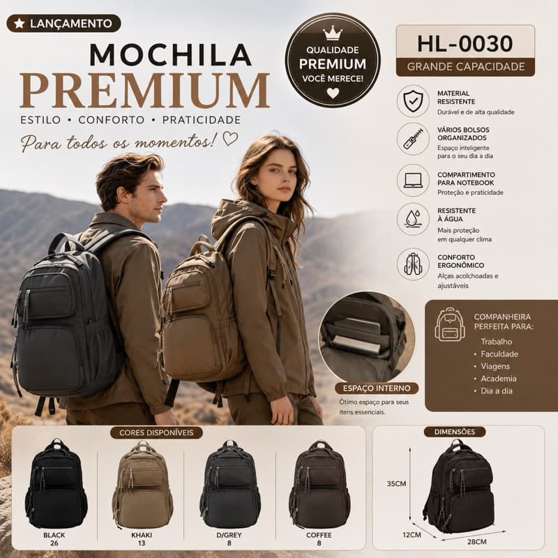 Mochila Feminina Grande Impermeável para Notebook 15,6” Escolar Viagem Trabalho Multi Bolsos Casual Resistente HL-0030