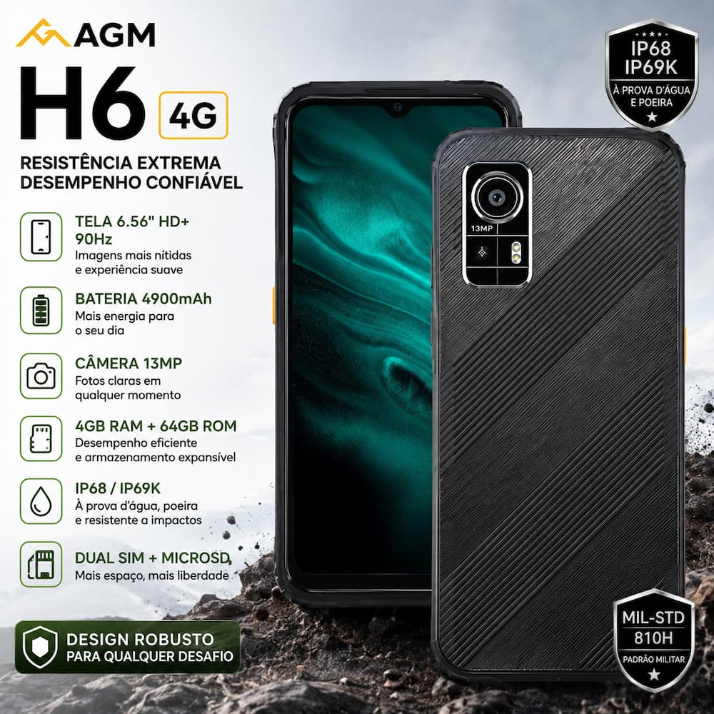 AGM H6 4G 6,56" 90Hz Bateria 4900mAh Triple Slot (Dual SIM + MicroSD) Smartphone Robusto IP68/IP69K
