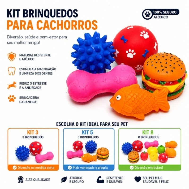 Kit com 3, 5 ou 8 Brinquedos para Cachorro Mordedor Vinil Resistente Bolinha Osso Pet Interativo