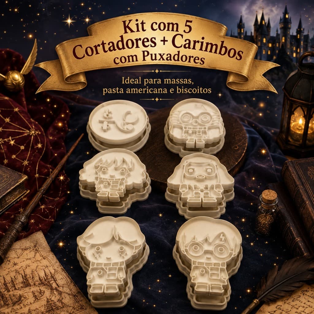 Kit 5 Cortadores e Carimbos Harry Potter para Biscoitos e Pasta Americana com Puxadores