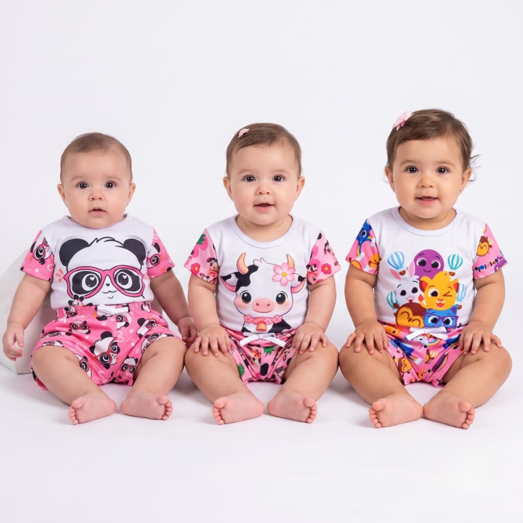 Kit 3 Conjuntos Bebê Menina Blusa Viscose com Elastano Short Tactel Verão 3 a 7 Meses