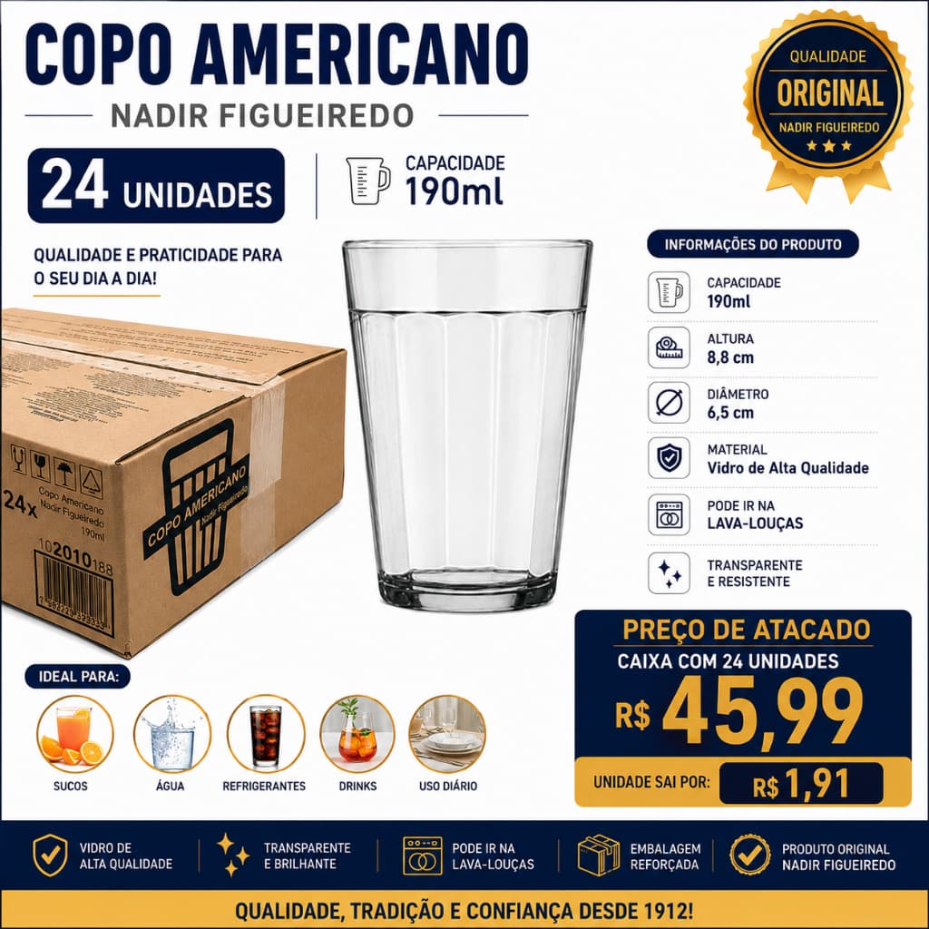 Copo Americano Nadir 190ml Original Caixa Fechada 24 Unidades Copo de Vidro Atacado