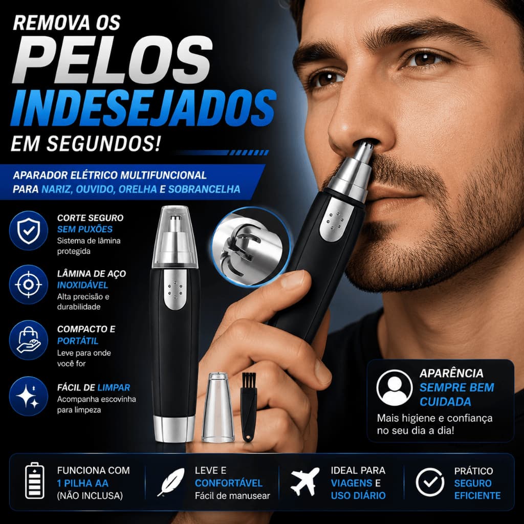 Máquina de Cortar Aparador de Pelos Nariz e Ouvido Orelha Sobrancelha Elétrico Portátil Aço Inox