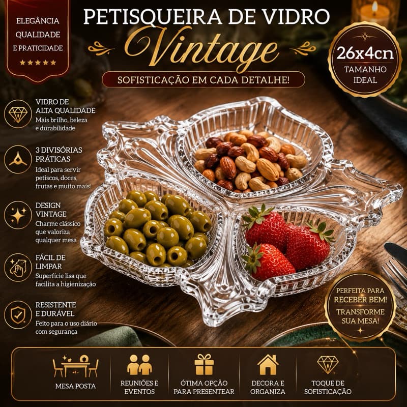 Petisqueira de Cristal com Divisórias Vintage - Design Elegante e Funcional, 26x4cm