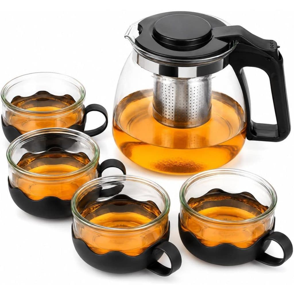 Jogo para Chá com Chaleira de Vidro 1L, Infusor e 4 Canecas 150ml, Kit 5 Peças para Servir Chá, Café ou Leite