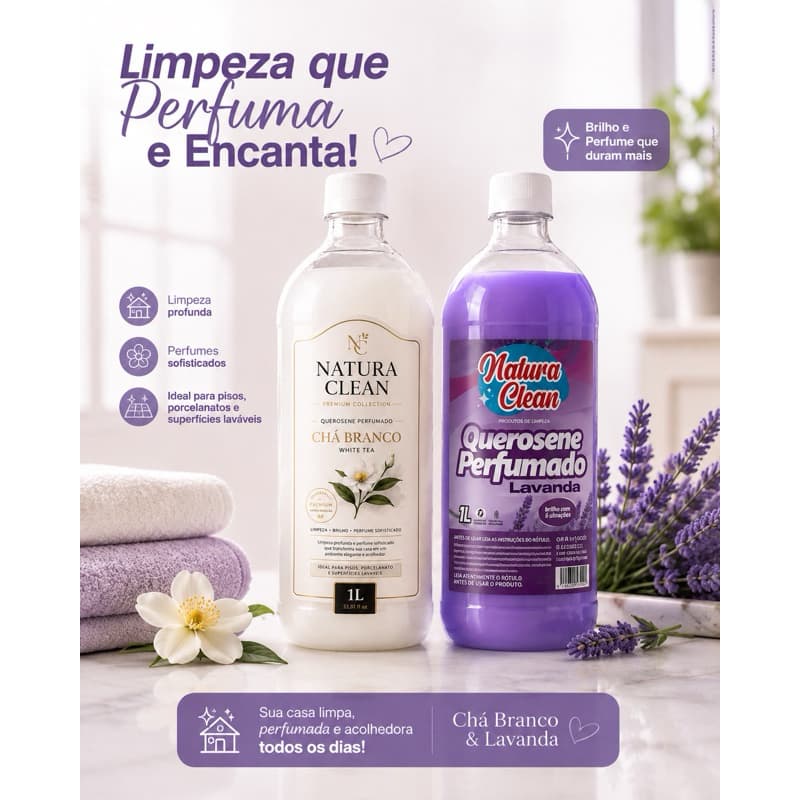 KIT 2 Querosene Perfumado 1L Natura Clean CHÁ BRANCO + LAVANDA Limpa e Perfuma