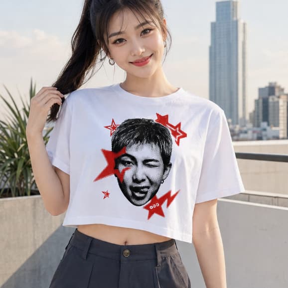 Camiseta Cropped Inspirada no Merch Arirang Namjoon BTS Algodão Premium Estampa DTF Unissex Curta
