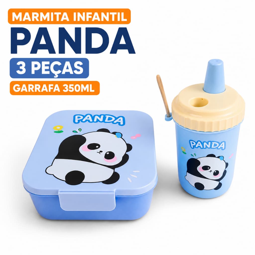 Marmita Infantil Panda 3 Peças com Copo 350ml e Garfinho Lancheira Escolar