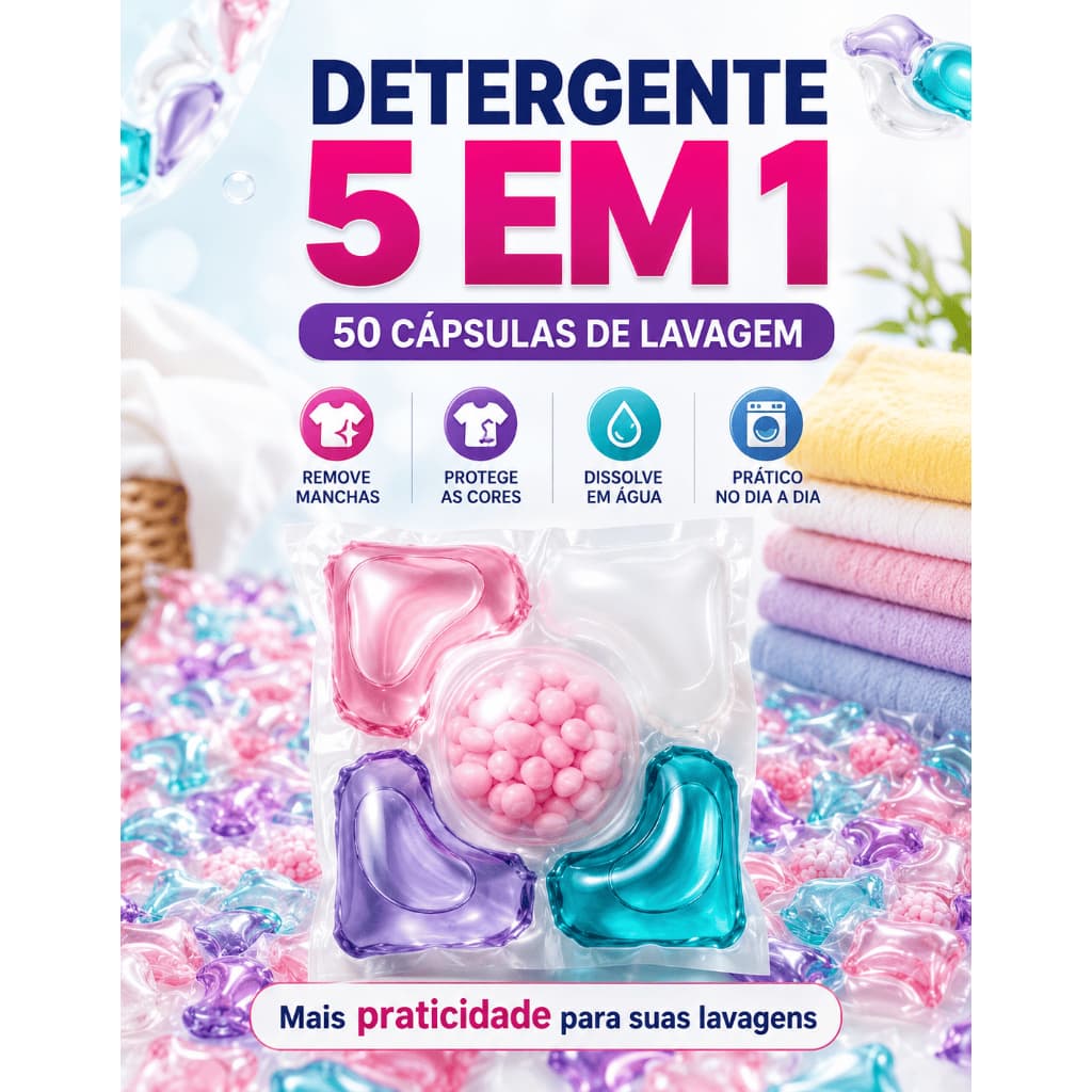 Detergente 5 em 1 Cápsulas de Lavagem 50 unidades Lava Roupas  Remove Manchas  Protege Cores Dissolve em Água Fria