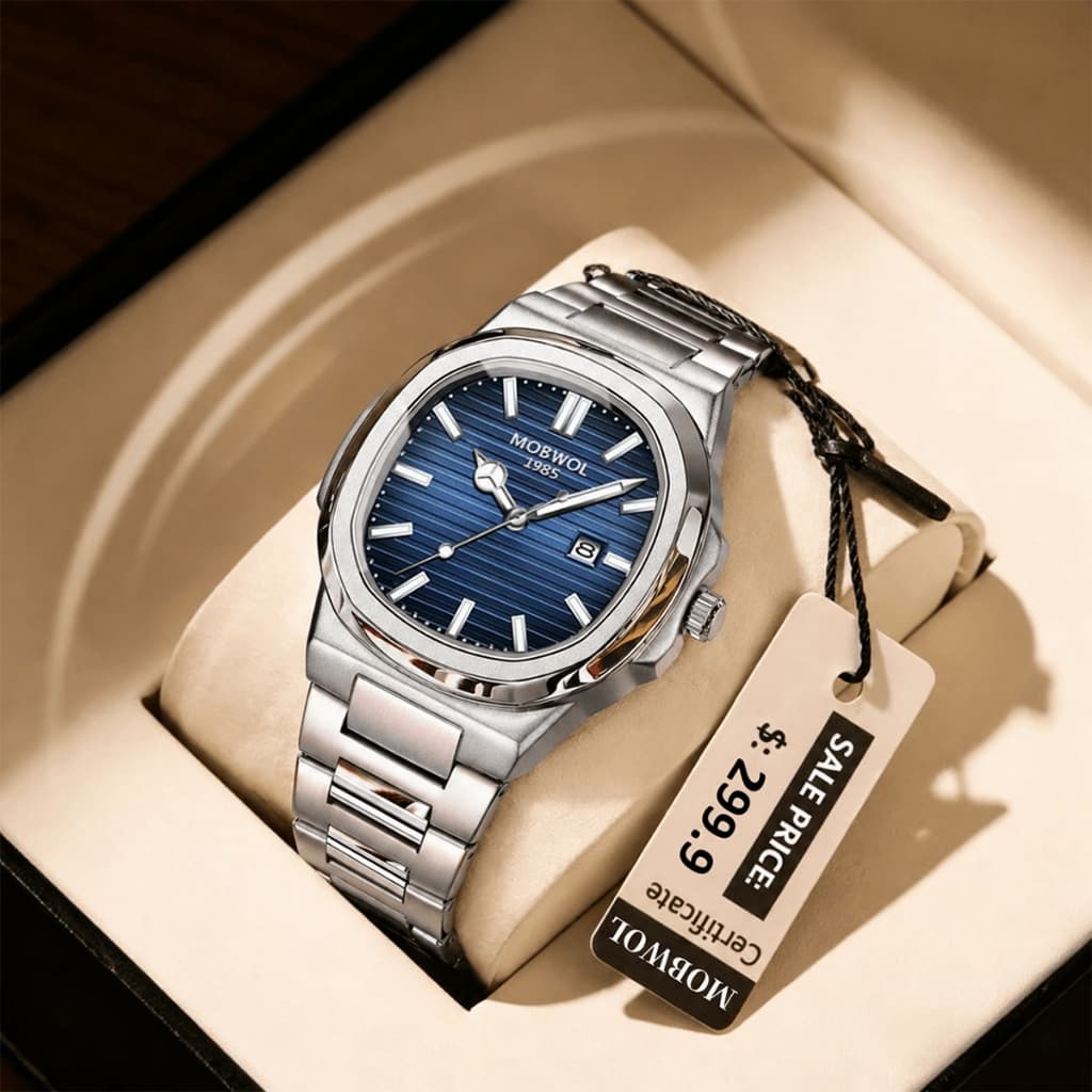 Relógio Masculino MOBWOL Quadrado Luxuoso Quartzo 50ATM Impermeável com Calendário e Função Luminosa