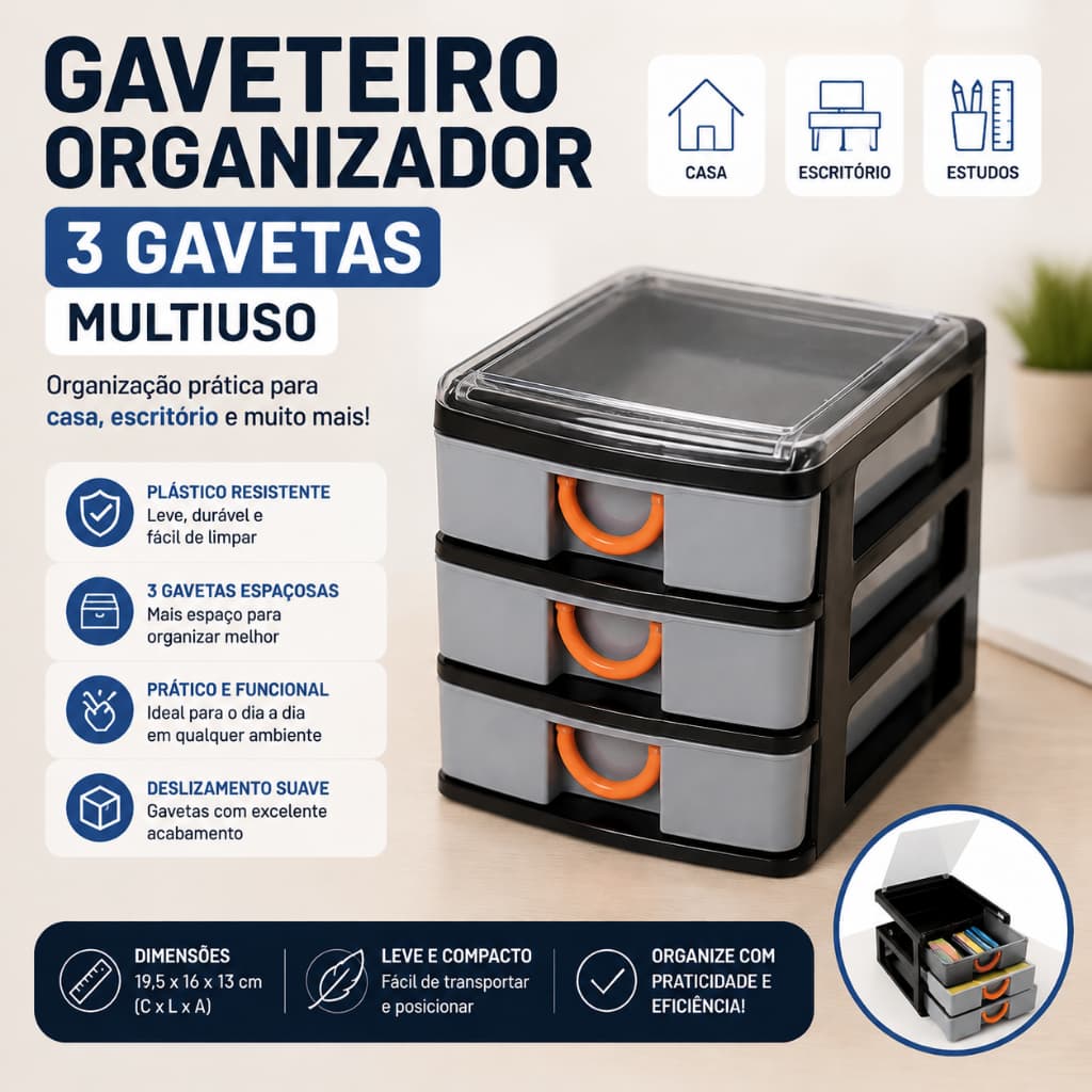 Gaveteiro Organizador Multiuso com 3 Gavetas Plástico Arqplast 19,5 cm